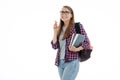 Portrait of a young student girl on a white background