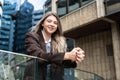 Portrait of young successful foreperson business woman outdoor. Cute intelligent female businessperson in smart casual wear Royalty Free Stock Photo