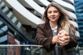 Portrait of young successful foreperson business woman outdoor. Cute intelligent female businessperson in smart casual wear Royalty Free Stock Photo