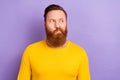 Portrait of young suspicious look mockup guy red hair beard wear yellow trendy pullover unsure purchase isolated on