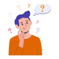 Portrait of young man. Boy with question mark in think bubble. People thinking or solving problem. Dilemma vector flat Royalty Free Stock Photo