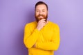 Portrait of young virile man touch his beard red hair posing cadre barber shop thinking business plan isolated on purple Royalty Free Stock Photo