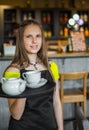 Portrait young waitress standing in cafe. girl the waiter holds in bunches a tray with utensils Royalty Free Stock Photo