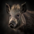 Portrait of a young wild boar on a dark background.