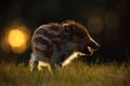 Portrait of young Wild boar, Sus scrofa, in the grass with evening back light, red autumn forest in background, animal in the