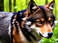 portrait of a young wolf in forest, AI generated