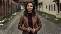 Woman in brown leather jacket