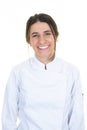 Portrait of young woman chef on light white background Royalty Free Stock Photo