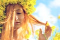 Portrait of young woman in the colza field Royalty Free Stock Photo