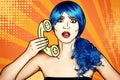 Portrait of young woman in comic pop art make-up style. Female in blue wig on yellow - orange cartoon background calls by phone