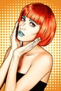 Portrait of young woman in comic pop art make-up style. Female i Royalty Free Stock Photo