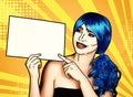 Portrait of young woman in comic pop art make-up style. Female with paper in hands Royalty Free Stock Photo