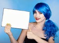 Portrait of young woman in comic  pop art make-up style. Female with paper in hands Royalty Free Stock Photo