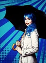 Portrait of young woman in comic pop art make-up style. Female with umbrella on blue cartoon background Royalty Free Stock Photo