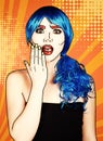 Portrait of young woman in comic pop art make-up style. Shoked female in blue wig on yellow - orange cartoon background