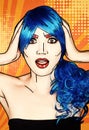 Portrait of young woman in comic pop art make-up style. Shoked female in blue wig on yellow - orange cartoon background