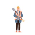 Portrait of young woman construction road worker cartoon character in overalls holding shovel Royalty Free Stock Photo
