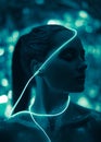 Portrait of young woman in cosmic image of extraterrestrial goddess with shiny body art and neon lights Royalty Free Stock Photo