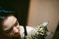 Young woman dressed T-shirt with a cat Royalty Free Stock Photo