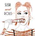 Portrait of young woman portrait eat rolls