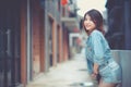 Portrait young woman fashion model lifestyle. Beautiful girl wearing denim jeans posing curve body. Royalty Free Stock Photo