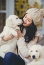 Portrait of the young woman with favourite dogs