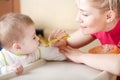 Portrait of young woman feeding her baby