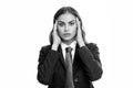 Portrait of young woman feeling stress or strain headache. Exhausted tired girl desperate and stressed because pain and Royalty Free Stock Photo