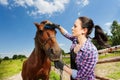 Portrait of young woman grooming horse in summer Royalty Free Stock Photo