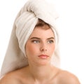 Woman with head wrapped towel Royalty Free Stock Photo