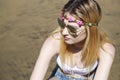 Portrait of young woman hippie style, outdoor. Royalty Free Stock Photo
