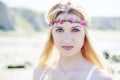 Portrait of young woman hippie style, outdoor. Royalty Free Stock Photo