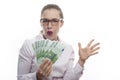 Portrait of young woman holding 100 euro cash fan Royalty Free Stock Photo