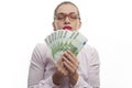 Portrait of young woman holding 100 euro cash fan Royalty Free Stock Photo