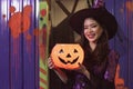 Portrait of woman dressing witch halloween costume Royalty Free Stock Photo