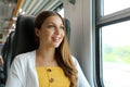 Portrait of young woman looking through the train window. Happy train passenger traveling sitting in a seat and looking through