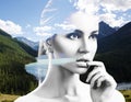 Portrait of young woman and nature landscape Royalty Free Stock Photo