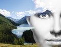 Portrait of young woman and nature landscape Royalty Free Stock Photo