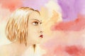 Portrait of young woman over fantasy watercolor background