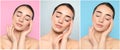 Portrait of young woman with perfect skin on different color backgrounds, collage. Banner design
