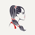 Beautiful girl portrait, with long hair and ponytail hairstyle, wearing red hair ties. Vector illustration. Royalty Free Stock Photo