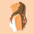 Portrait of a young woman with a raised head and flowers in her hair on a beige background vector.Woman rights poster.