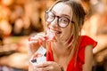 Spanish woman eating jamon at the market Royalty Free Stock Photo