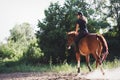 Portrait of young woman riding horse in countryside Royalty Free Stock Photo