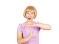 Portrait, young, woman shouts showing time out gesture with hand Royalty Free Stock Photo