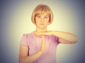 Portrait, young, woman showing time out gesture with hands isolated Royalty Free Stock Photo