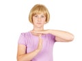 Portrait, young, woman showing time out gesture with hands isola Royalty Free Stock Photo