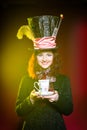 Portrait of young woman in the similitude of the Hatter Royalty Free Stock Photo