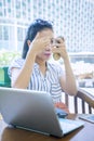 Portrait of young woman touching her face in cafe Royalty Free Stock Photo