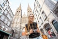 Woman traveling in Clermont-Ferrand city in France